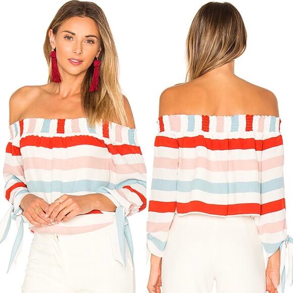 Lovers + Friends Dream Lover Red Blue Stripe Off Shoulder Top Size M - Picture 7 of 7